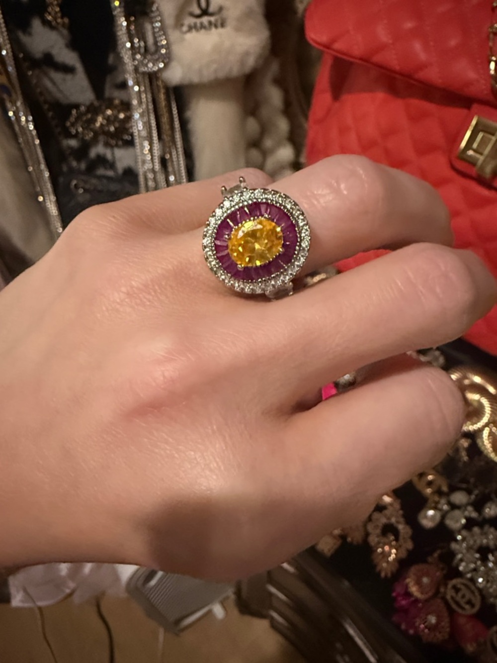 Yellow and  Pink  crystal Halo Cocktail Ring - Women Jewelry